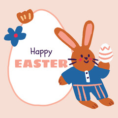 A joyful Easter illustration featuring a cute bunny holding a decorated egg, perfect for Easter holiday designs. Ideal for social media templates, greeting cards, gift cards, prints, invitations.