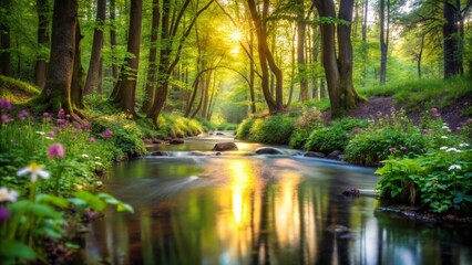 Fototapeta premium Serene Sunset Illuminates a Tranquil Forest Stream, Lush Greenery Reflecting Golden Light on Gentle Waters