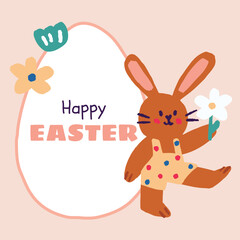 A joyful Easter illustration featuring a cute bunny holding a white flower, perfect for Easter holiday designs. Ideal for social media templates, greeting cards, gift cards, prints, invitations.