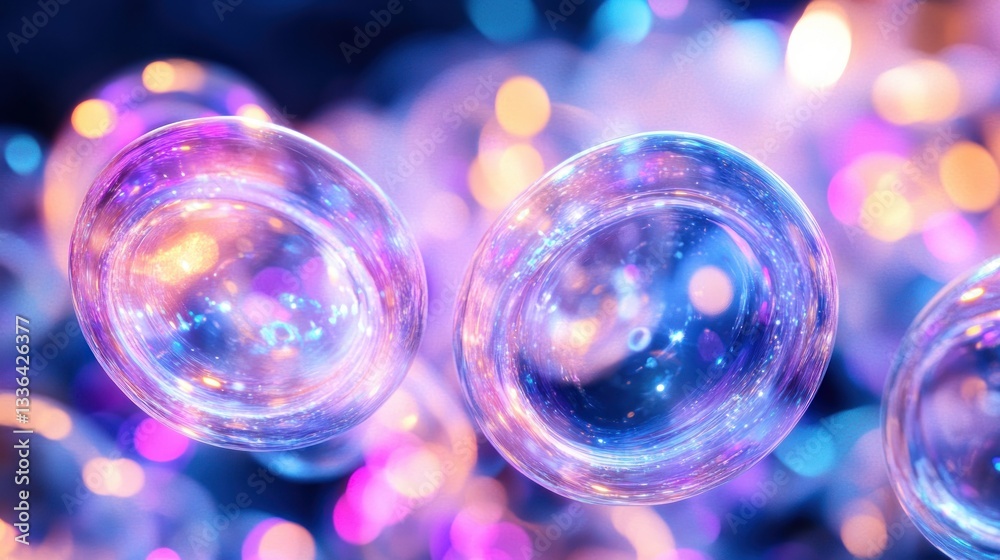 Poster Two iridescent spheres floating with bokeh in a vibrant environment