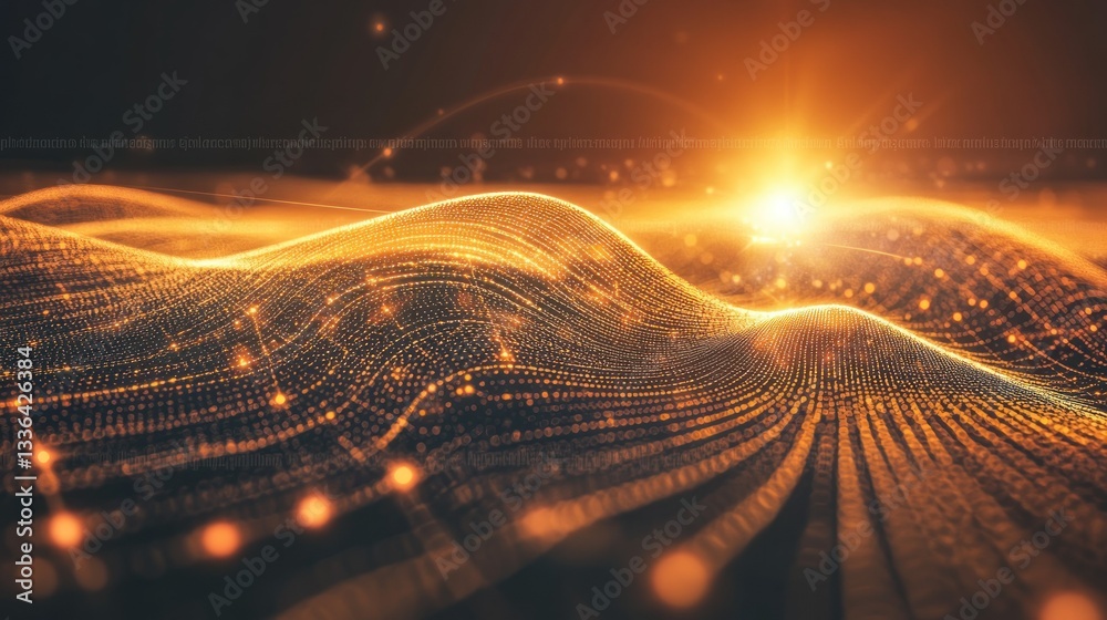 Poster Abstract digital landscape with illuminating data and shimmering lights