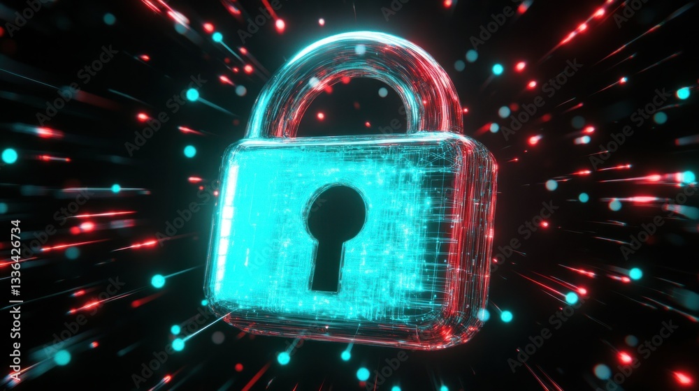 Poster A futuristic illuminated lock displayed on a black background