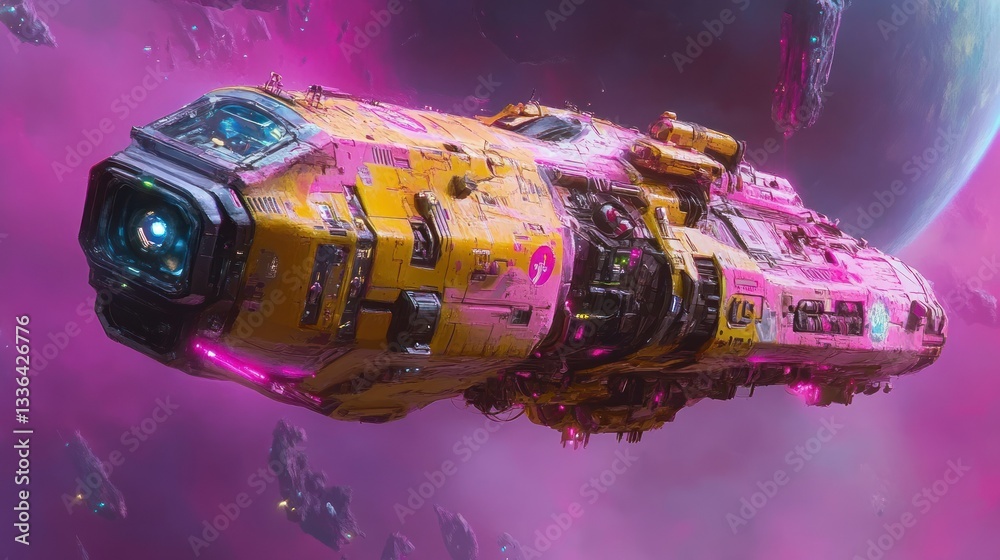 Aufkleber a brightly colored spacecraft is traversing through a nebula in space