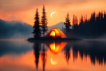Obraz premium A minimalist silhouette of a tent under a crescent moon, surrounded by tall pine trees reflected in a calm lake
