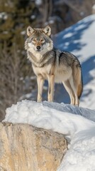 Fototapeta premium A beautiful grey wolf stands tall in a snowy landscape setting