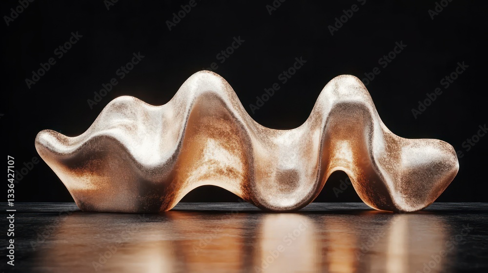 Poster abstract sculpture with wavy form on a reflective dark surface