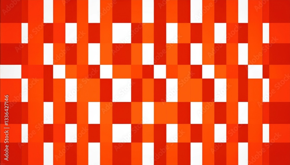 Poster abstract red and white geometric checkered pattern with irregular pixel like distortions, modern digital art background