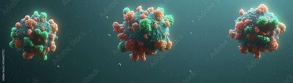 Poster Three dimensional representations depict viral structures against a muted backdrop