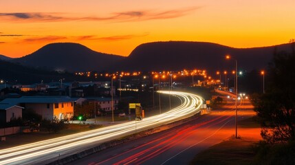 Evening highway lights illuminating a road near mountain silhouettes in dusk