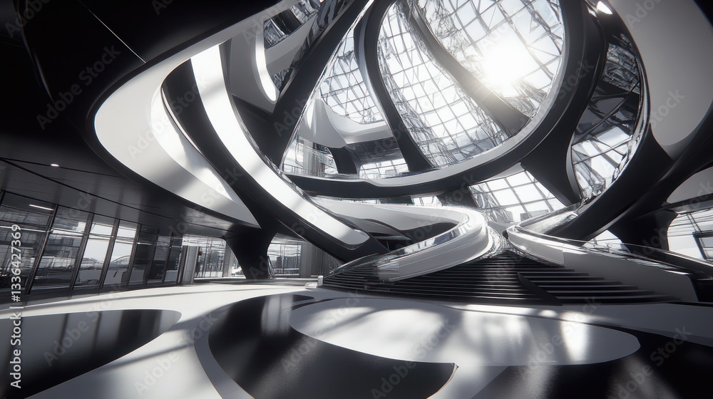 Poster modern interior architecture design showcasing geometric structure and curves