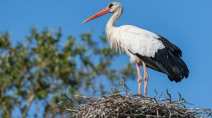 A white bird stands proudly in its messy nest on a bright day