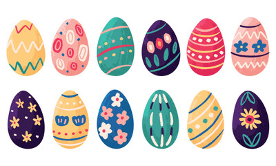 12 hand drawn Easter colorful and decorated eggs set collection; perfect for greeting cards, invitations, templates, social media posts, and prints. Ideal for festive designs and spring celebrations.