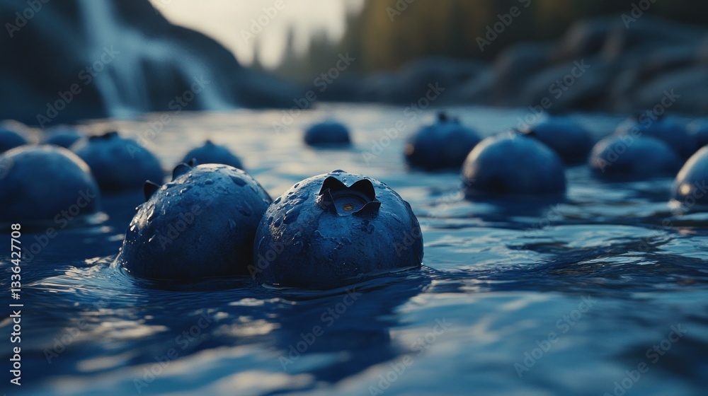 Poster large blueberries floating in a water area with background waterfall scenery