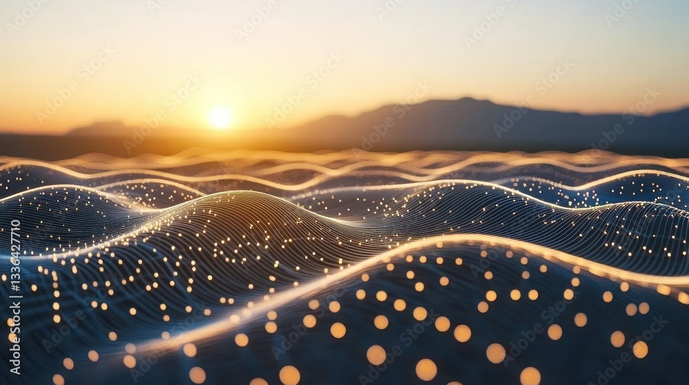 Poster illuminated lines and dots create waves across a sunrise landscape