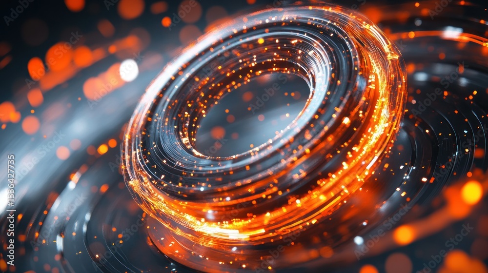 Poster illuminated concentric circles display vibrant orange and white light effects