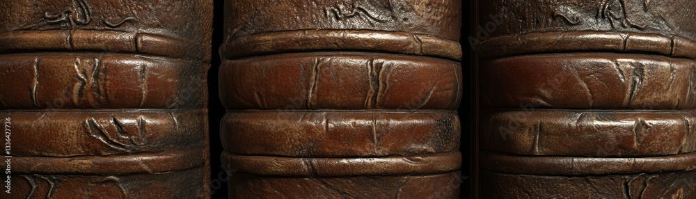 Poster three weathered cylindrical structures with various embossed details are shown