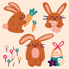 Cartoon Easter and Spring bunnies characters illustration set; Bunnies holding eggs, carrots; Spring bunnies; Perfect for kids, greeting cards, prints, invitations, baby shower, fabric patterns