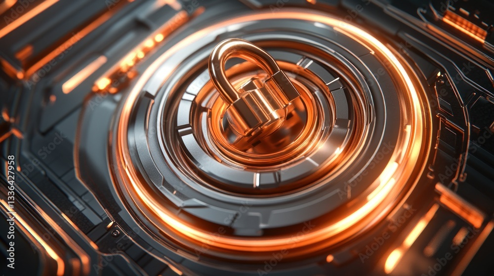 Poster a futuristic golden padlock surrounded by illuminated concentric circles