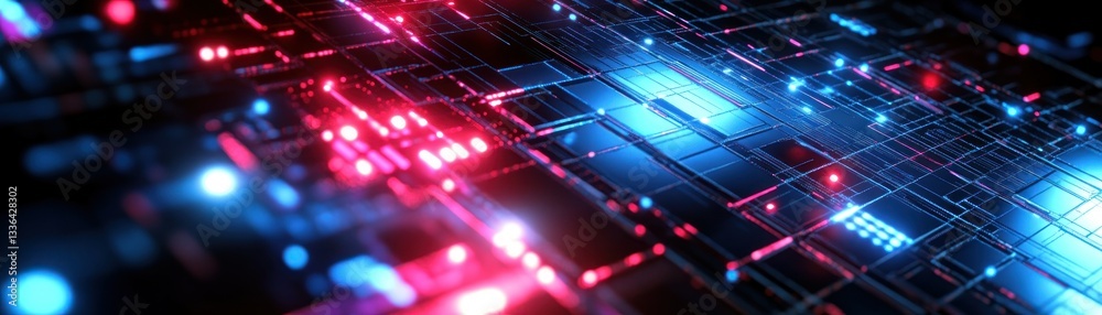 Poster abstract digital circuit board illuminated with vibrant red and blue lights
