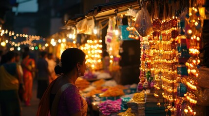 Woman looking at decorated stalls illuminated by many lights at night