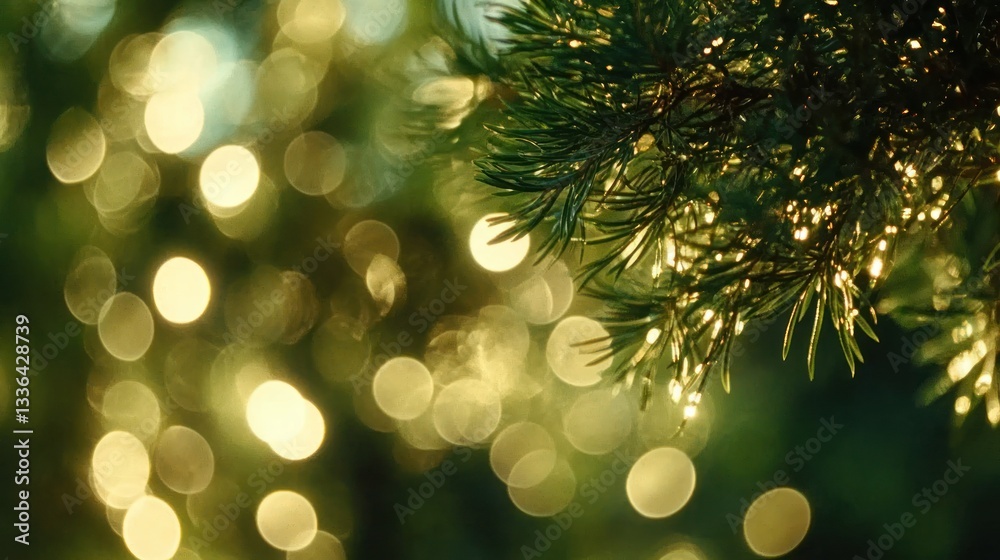 Poster Illuminated pine branches with soft focus background bokeh lights