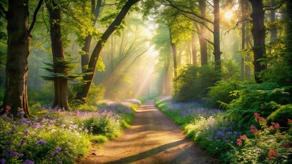 Obraz premium Sunlit Path Through a Mystical Forest with Blooming Wildflowers and Misty Morning Light