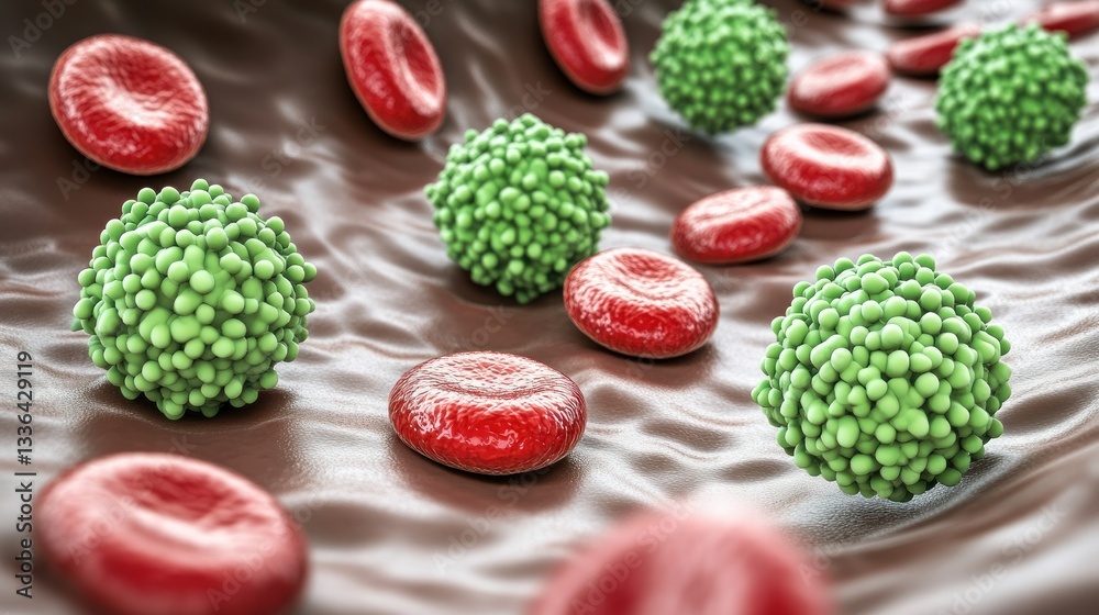 Poster microscopic view of red blood cells and green pathogens flowing