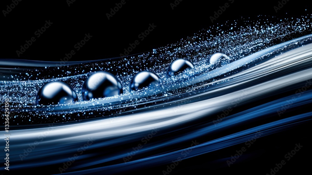 Poster blue iridescent droplets and streams of light moving across darkness