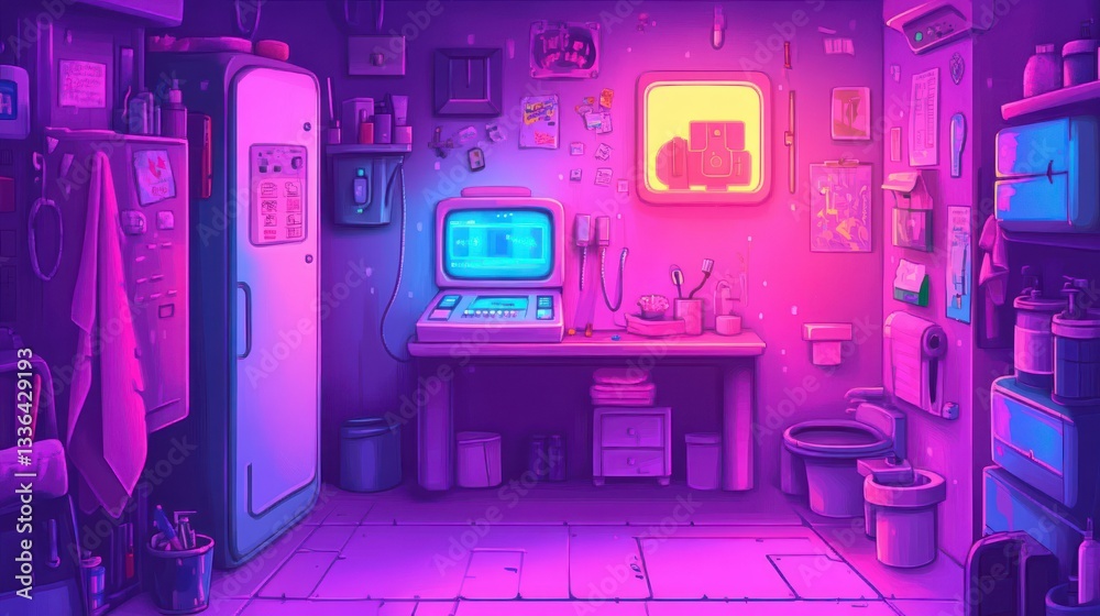 Poster a brightly colored retro room with functional equipment displayed inside