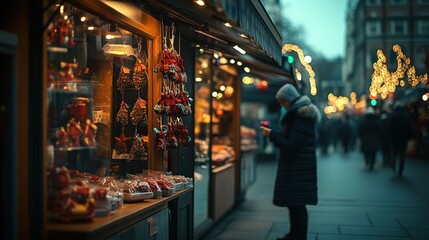 Obraz premium Festive market stall displaying various seasonal holiday decorations and sweets