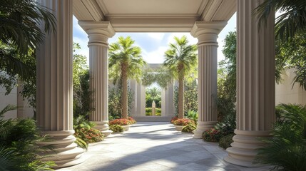 Obraz premium Stone pillars frame a tropical outdoor garden pathway scene