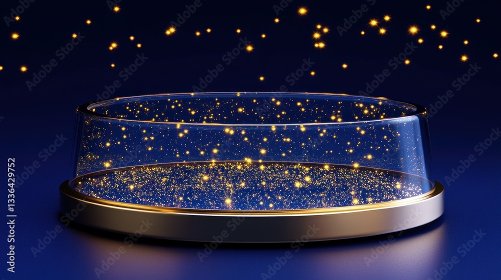 Aufkleber a glass display dome with gold trim and tiny glowing particles