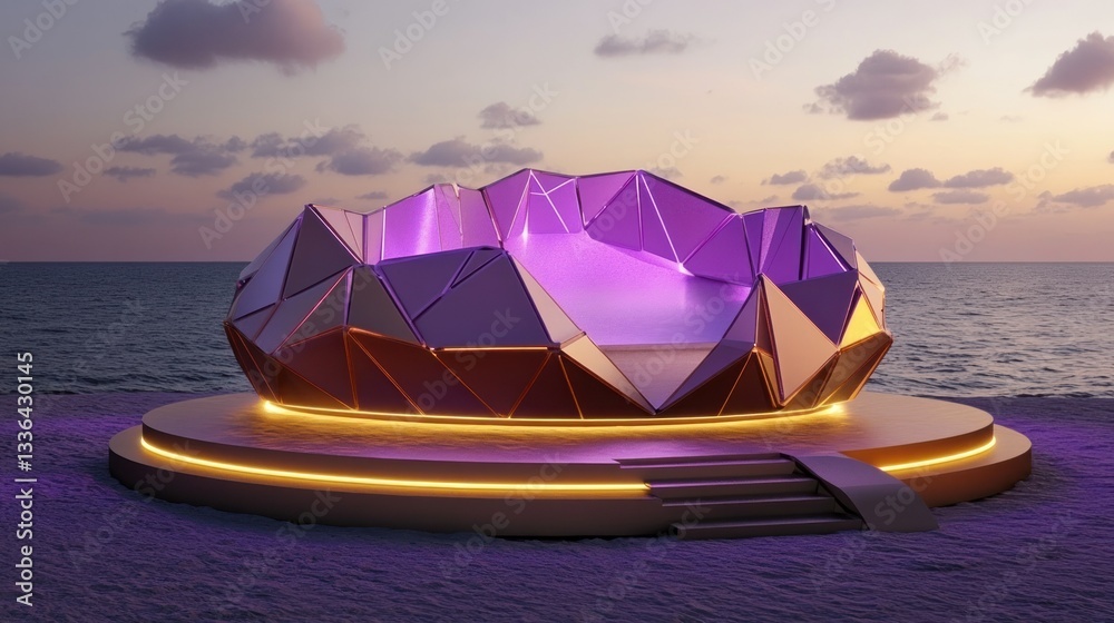Poster a geometric illuminated structure rests by the ocean shore