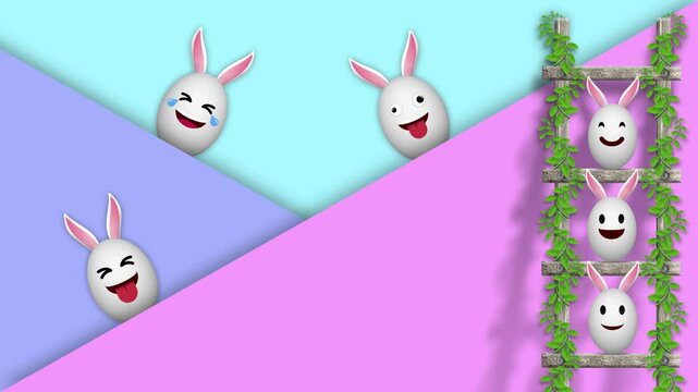 crazy expression easter eggs on colorful wall and wooden ladder. happy easter egg hunt party concept animation.
