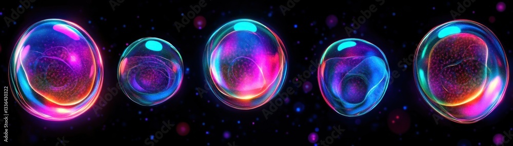 Poster vibrant translucent spheres floating against a dark starry background