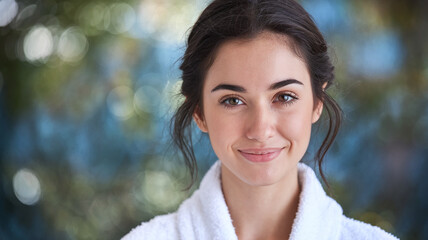 Young woman with dark hair, wearing white bathrobe, smiles gently against a blurred background of green and blue tones, conveying serenity and well-being