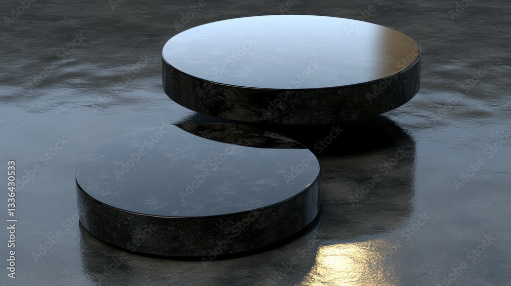 Poster two circular platforms made of a dark shiny stone material