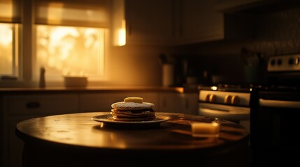 Stacked pancakes topped with butter on a wooden kitchen table