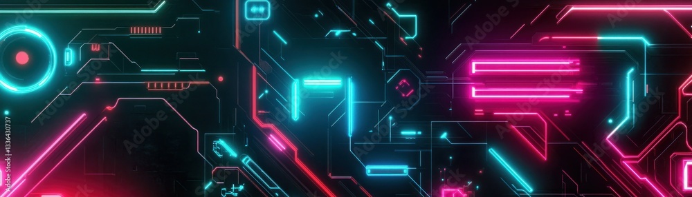 Poster illuminated electronic circuit board design with vibrant neon colored lines