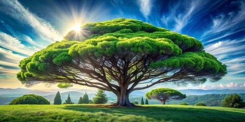 Majestic Ancient Tree Basking in Golden Sunlight, Serene Landscape with Lush Green Foliage and Rolling Hills Under a Vibrant Sky