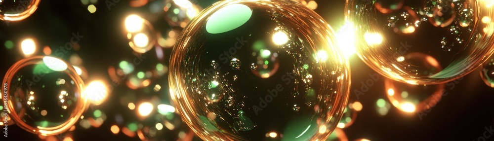 Poster Glowing transparent spheres reflect light creating an abstract digital composition