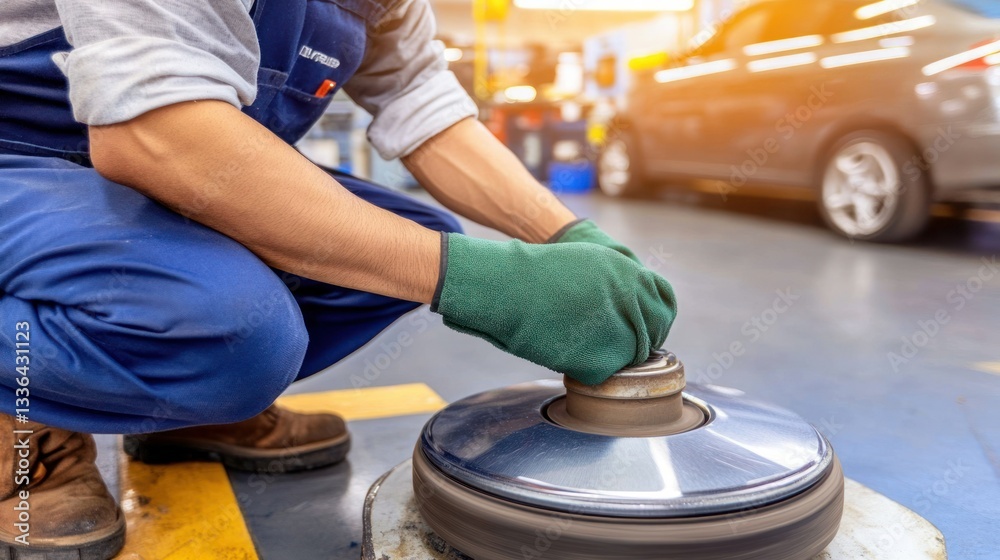 Poster a mechanic working on a machine in a car repair workshop