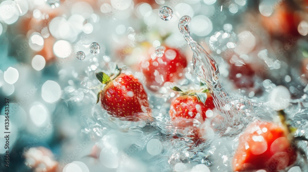 Poster fresh red strawberries submerged in clear water with splashing motion