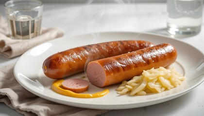 Smoked Sausages with Mustard and Sauerkraut on a Plate