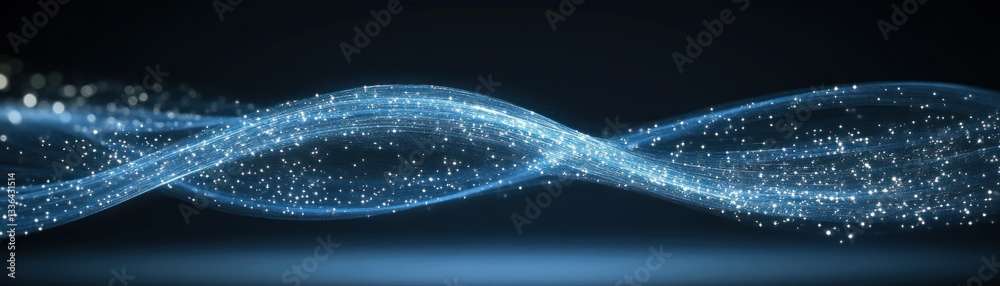 Poster blue ethereal flowing ribbons with sparkling particles in the dark space