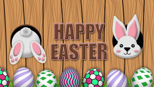 happy easter blessings animation with white rabbit, eggs, grass and wooden background. happy easter holiday concept.