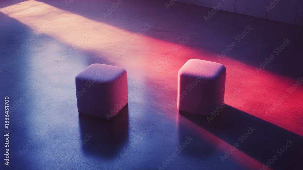 Poster Two square cushioned seating objects sit within colored lighting