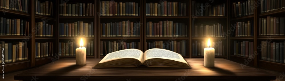 Aufkleber An open book illuminated by candlelight in a quiet library setting