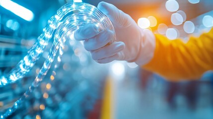 Digital connection concept, abstract representation of interconnected nodes and light trails, futuristic tech theme, vibrant colors.