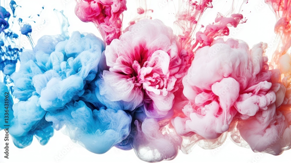 Poster colorful ink blooms and spreads creating a vibrant abstract effect